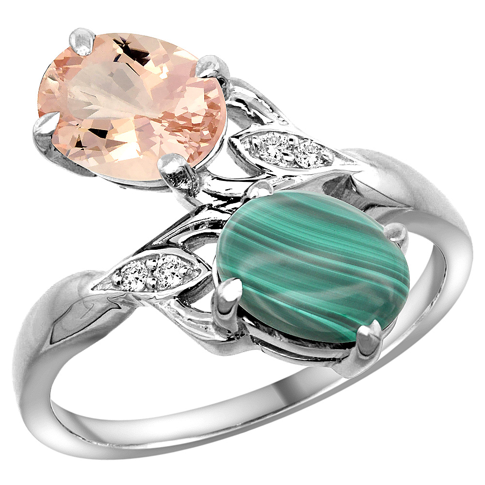 10K WHITE GOLD DIAMOND NATURAL MORGANITE & MALACHITE 2-STONE RING OVAL 8X6MM, SIZES 5 - 10