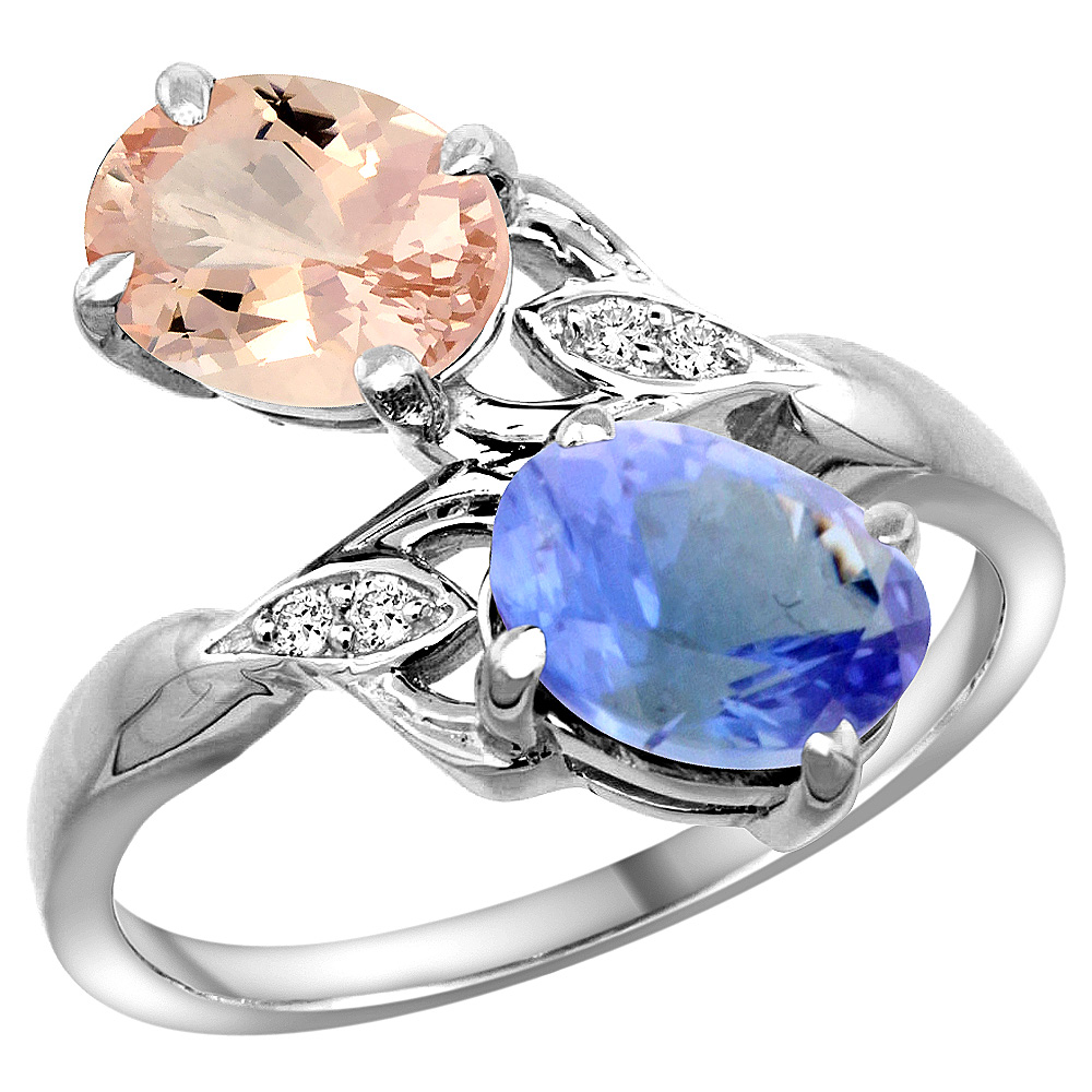 10K WHITE GOLD DIAMOND NATURAL MORGANITE & TANZANITE 2-STONE RING OVAL 8X6MM, SIZES 5 - 10