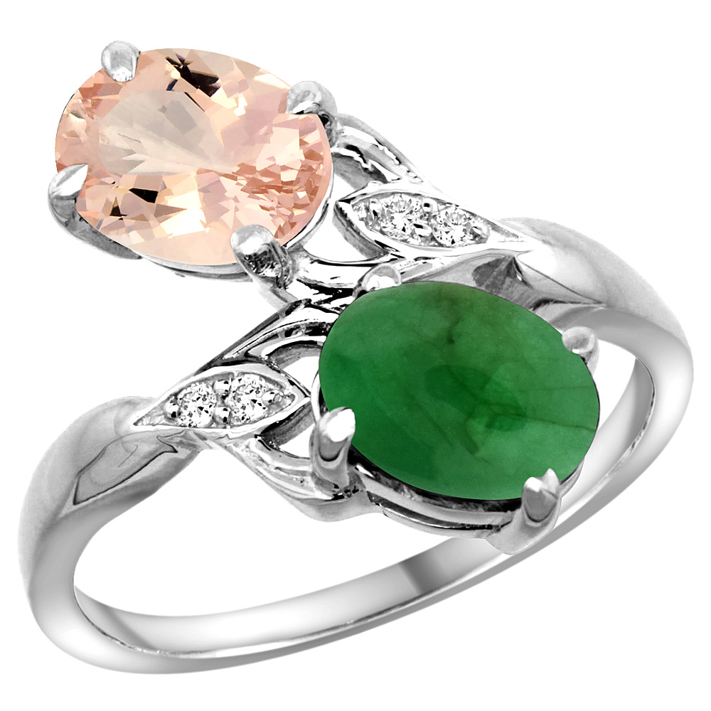 10K WHITE GOLD DIAMOND NATURAL MORGANITE & CABOCHON EMERALD 2-STONE RING OVAL 8X6MM, SIZES 5 - 10