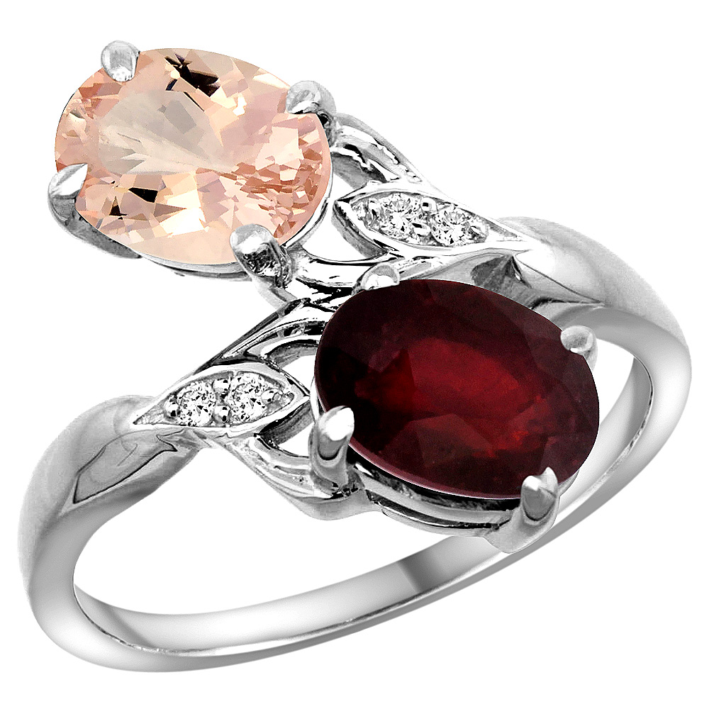 10K White Gold Diamond Natural Morganite & Quality Ruby 2-stone Mothers Ring Oval 8x6mm, size 5 - 10