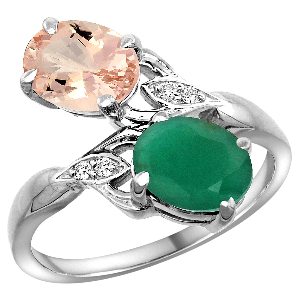 10K White Gold Diamond Natural Morganite &amp; Quality Emerald 2-stone Mothers Ring Oval 8x6mm, size 5 - 10