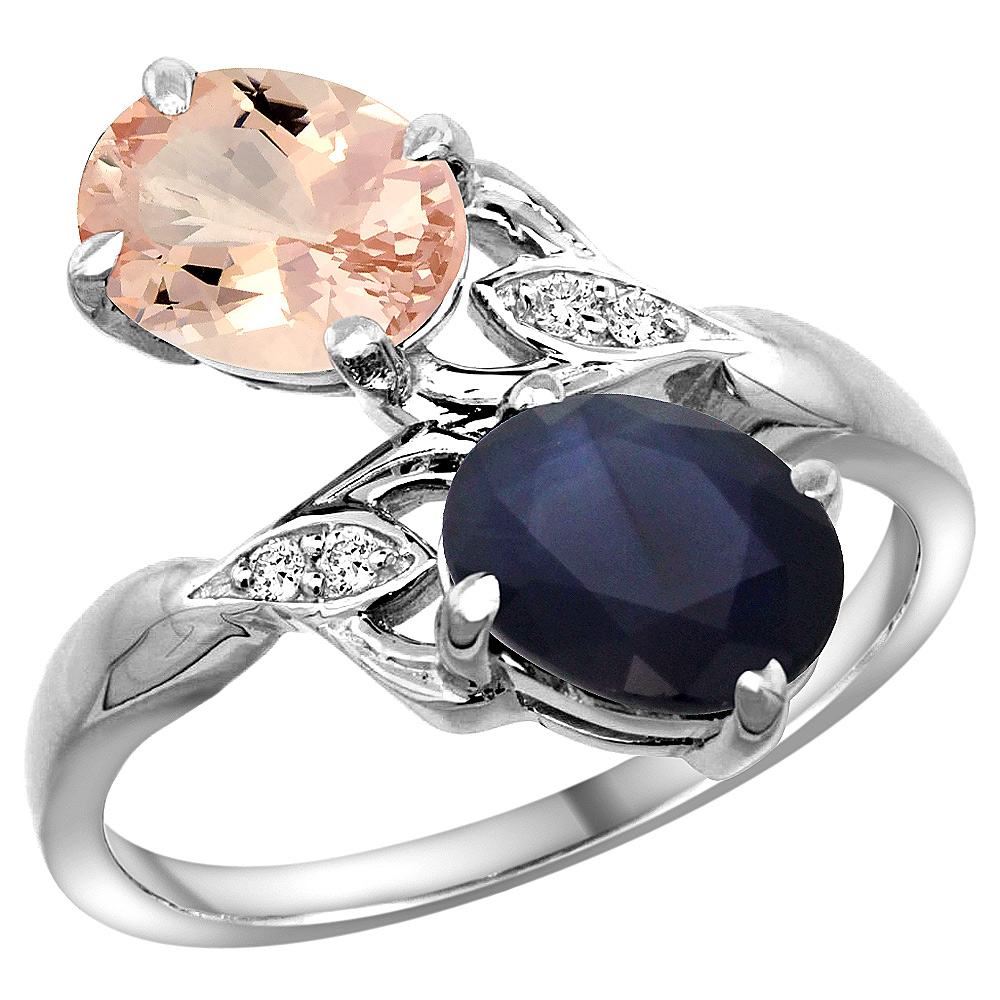 10K White Gold Diamond Natural Morganite &amp; Quality Blue Sapphire 2-stone Mothers Ring Oval 8x6mm,sz5 - 10