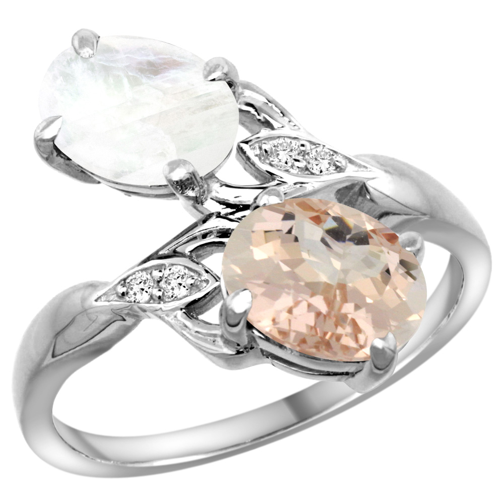 10K WHITE GOLD DIAMOND NATURAL MORGANITE & RAINBOW MOONSTONE 2-STONE RING OVAL 8X6MM, SIZES 5 - 10