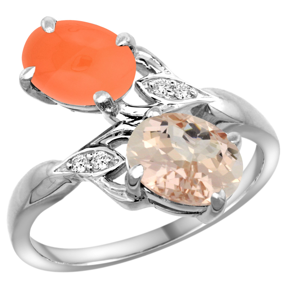 10K WHITE GOLD DIAMOND NATURAL MORGANITE & ORANGE MOONSTONE 2-STONE RING OVAL 8X6MM, SIZES 5 - 10