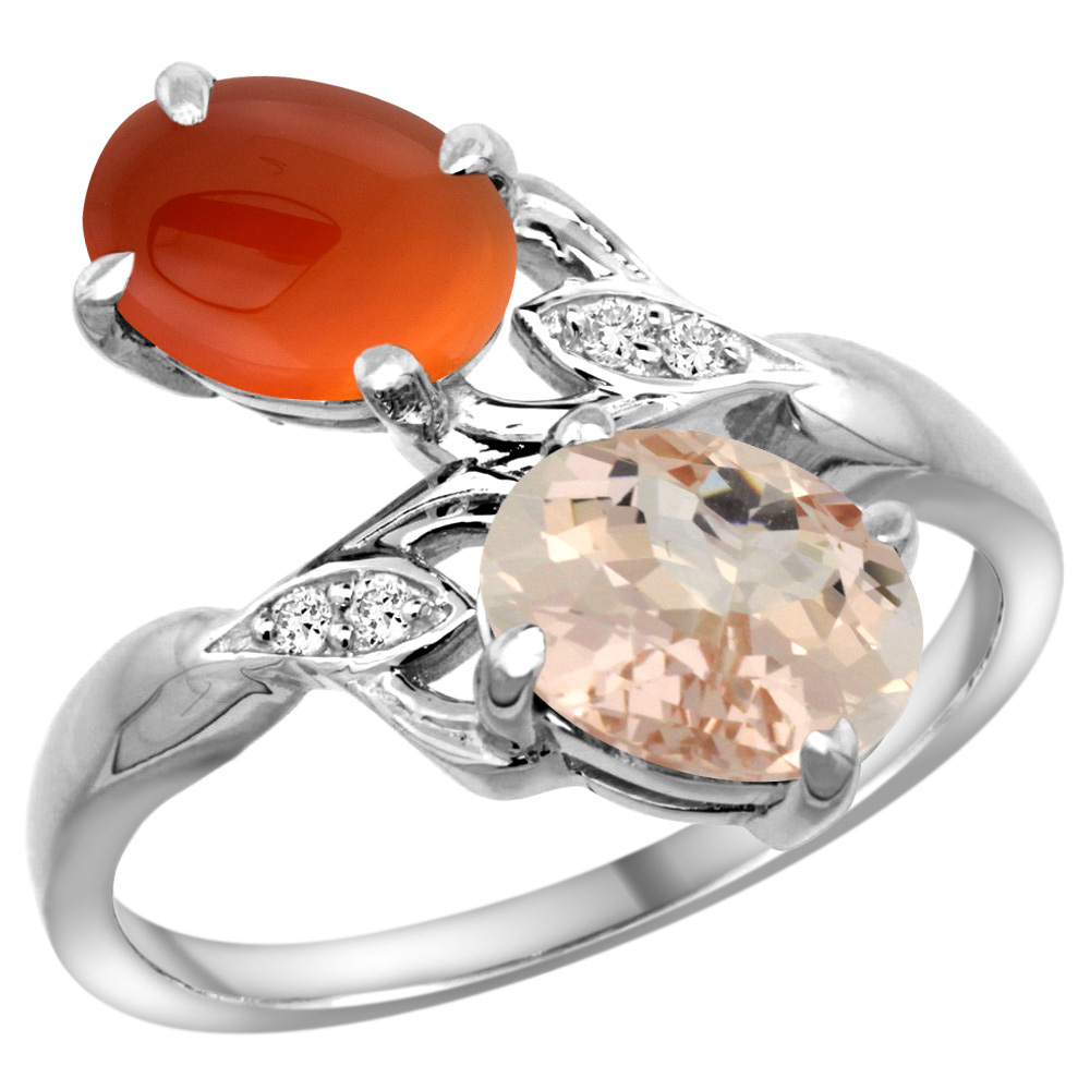 10K White Gold Diamond Natural Morganite &amp; Brown Agate 2-stone Ring Oval 8x6mm, sizes 5 - 10