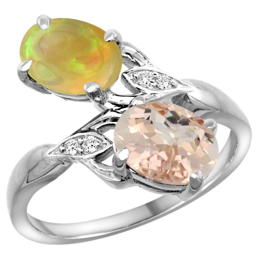 14k White Gold Diamond Natural Morganite & Ethiopian Opal 2-stone Mothers Ring Oval 8x6mm, size 5 - 10