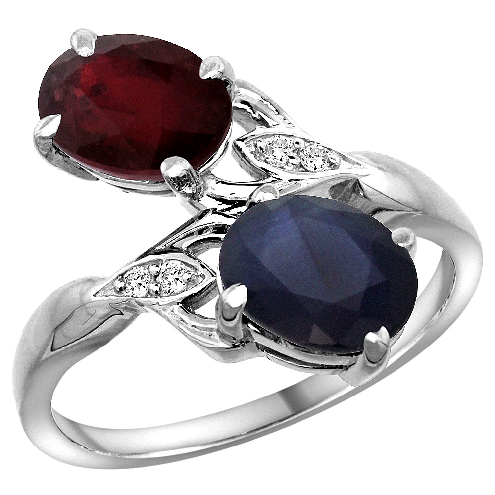 10K WHITE GOLD DIAMOND ENHANCED GENUINE RUBY & NATURAL BLUE SAPPHIRE 2-STONE RING OVAL 8X6MM, SIZES 5 - 10