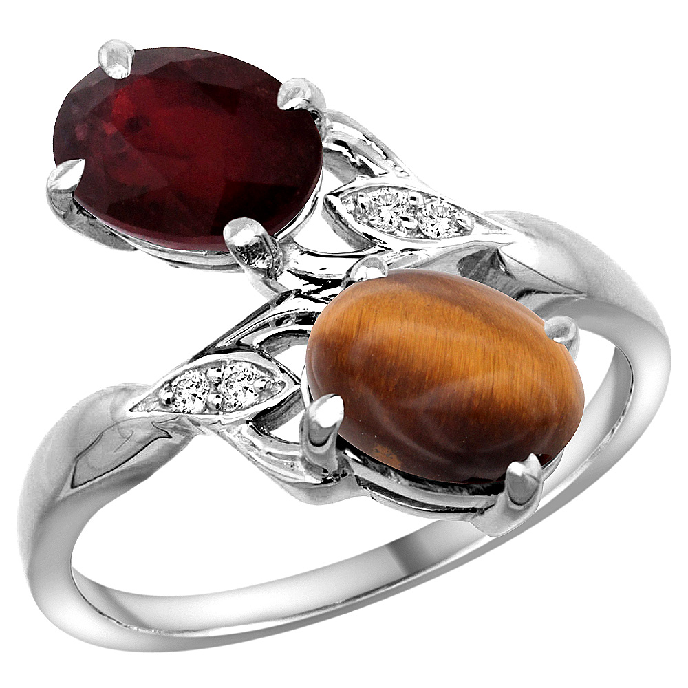 14k White Gold Diamond Enhanced Genuine Ruby & Natural Tiger Eye 2-stone Ring Oval 8x6mm, sizes 5 - 10