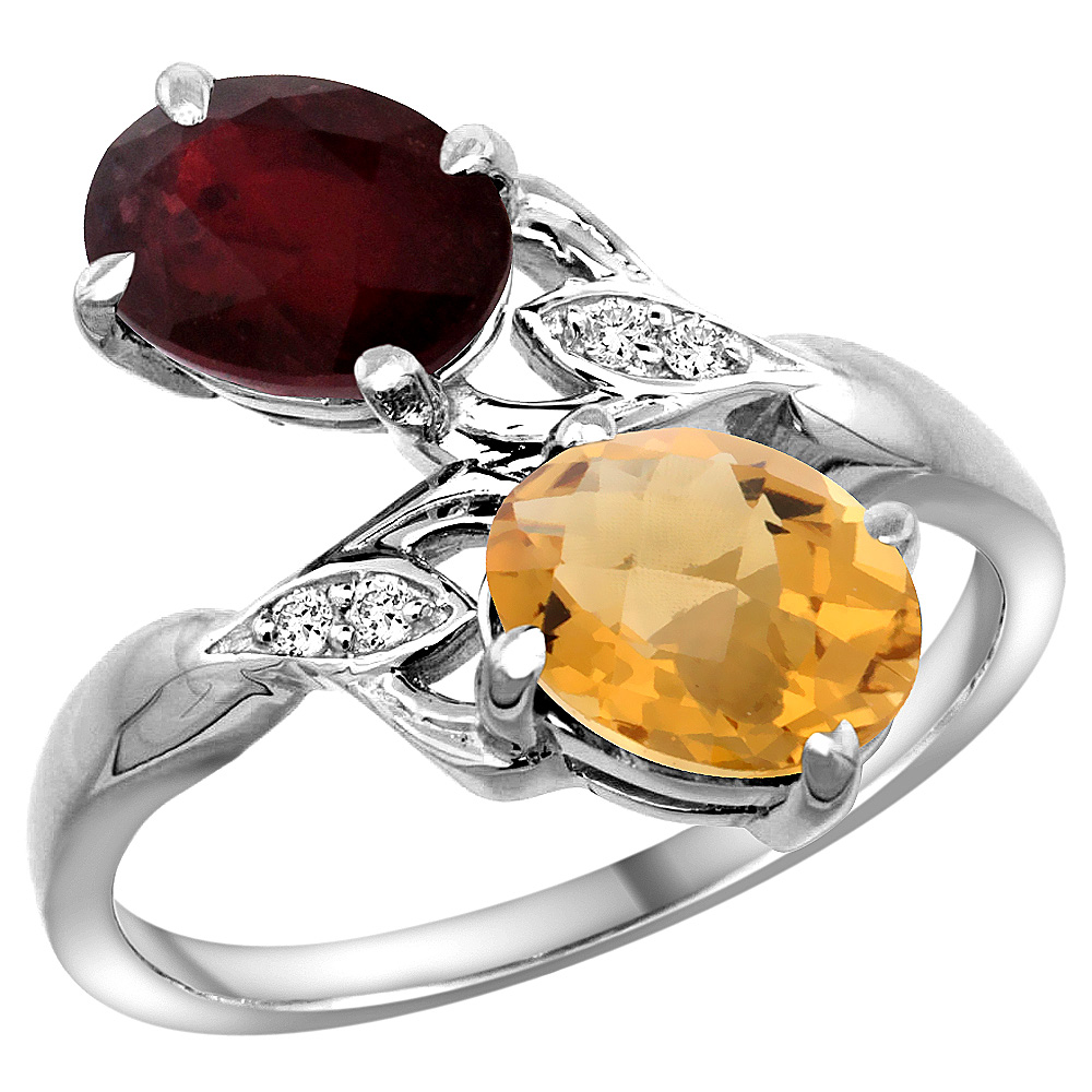 10K White Gold Diamond Enhanced Genuine Ruby & Natural Whisky Quartz 2-stone Ring Oval 8x6mm, sizes 5 - 10