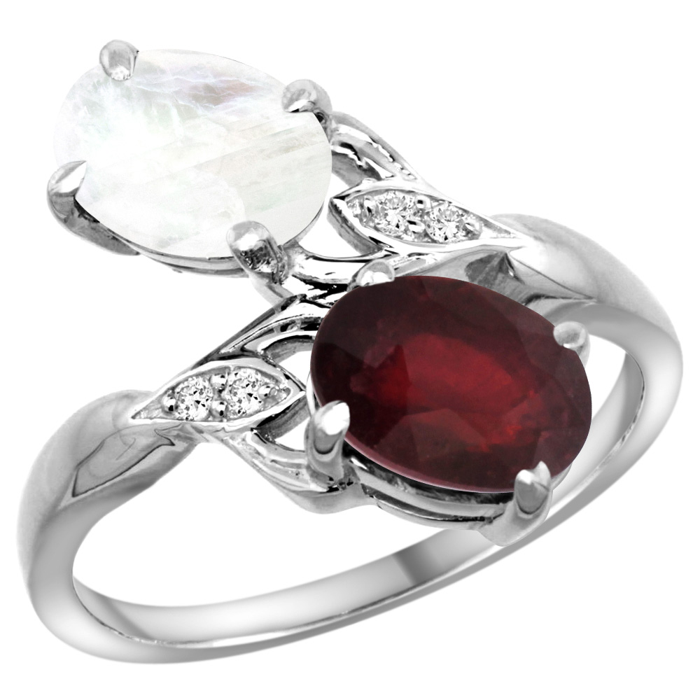 10K WHITE GOLD DIAMOND ENHANCED GENUINE RUBY & NATURAL RAINBOW MOONSTONE 2-STONE RING OVAL 8X6MM, SIZES 5 - 10