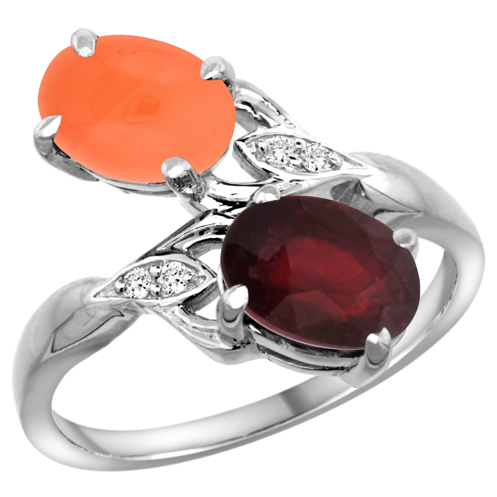 10K WHITE GOLD DIAMOND ENHANCED GENUINE RUBY & NATURAL ORANGE MOONSTONE 2-STONE RING OVAL 8X6MM, SIZES 5 - 10