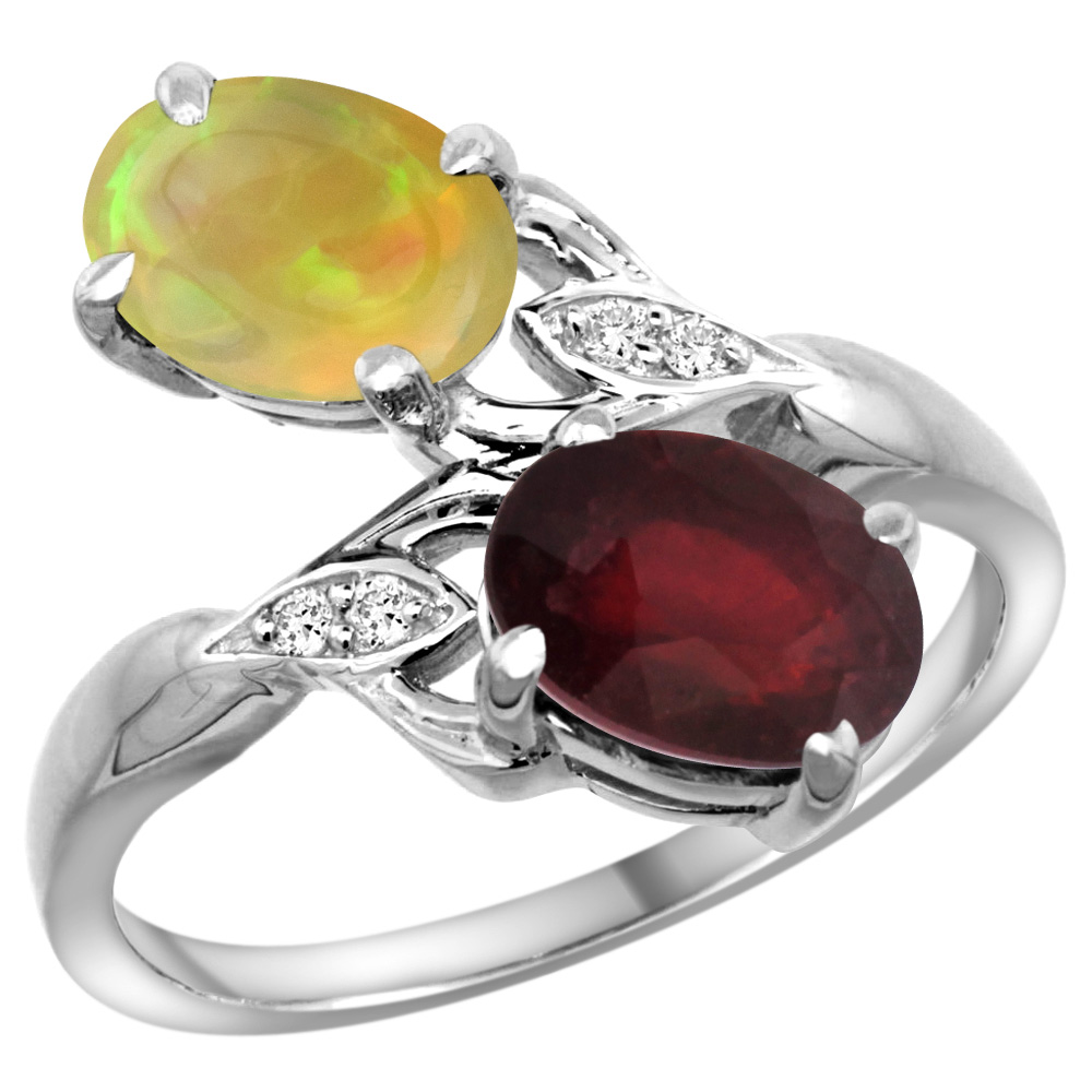10K WHITE GOLD DIAMOND ENHANCED GENUINE RUBY & NATURAL ETHIOPIAN OPAL 2-STONE RING OVAL 8X6MM, SIZE 5-10