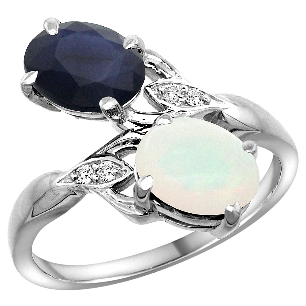10K WHITE GOLD DIAMOND NATURAL BLUE SAPPHIRE & OPAL 2-STONE RING OVAL 8X6MM, SIZES 5 - 10