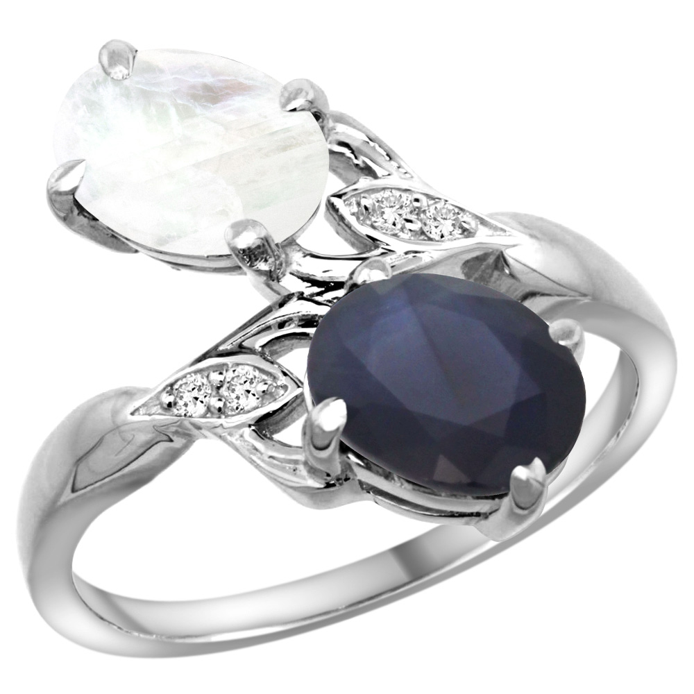 10K WHITE GOLD DIAMOND NATURAL BLUE SAPPHIRE & RAINBOW MOONSTONE 2-STONE RING OVAL 8X6MM, SIZES 5 - 10