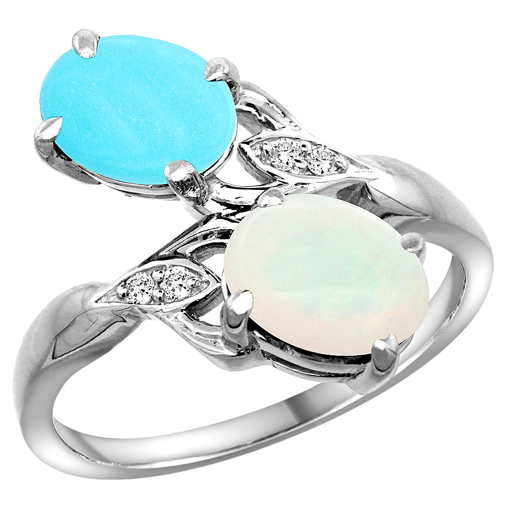 10K WHITE GOLD DIAMOND NATURAL TURQUOISE & OPAL 2-STONE RING OVAL 8X6MM, SIZES 5 - 10
