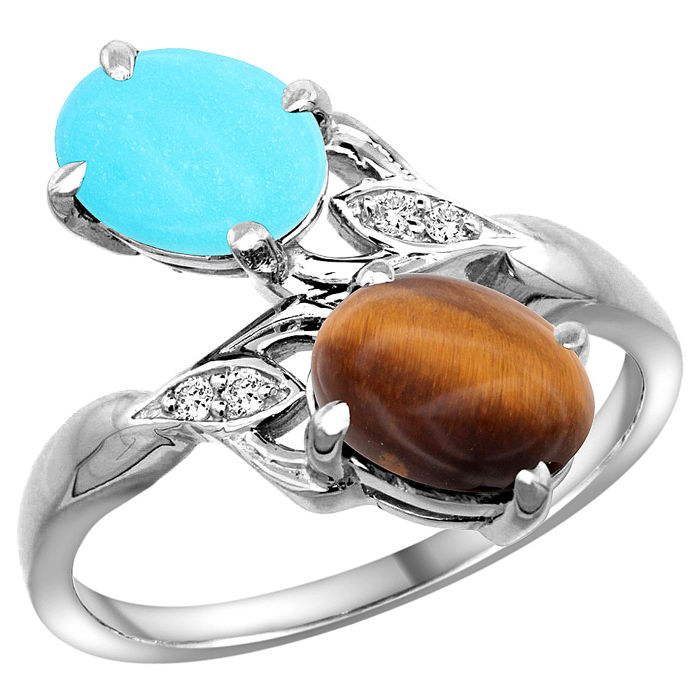 14k White Gold Diamond Natural Turquoise &amp; Tiger Eye 2-stone Ring Oval 8x6mm, sizes 5 - 10