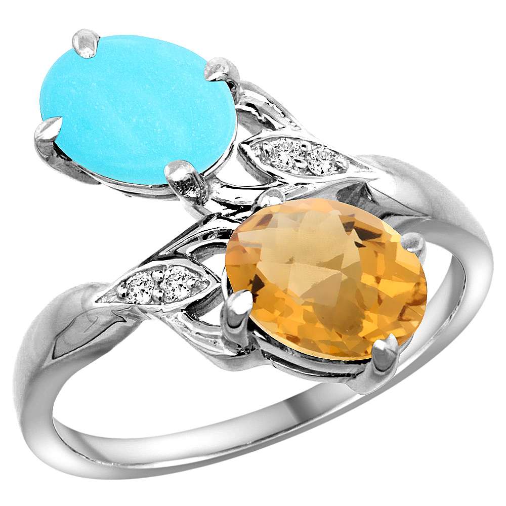 10K WHITE GOLD DIAMOND NATURAL TURQUOISE & WHISKY QUARTZ 2-STONE RING OVAL 8X6MM, SIZES 5 - 10
