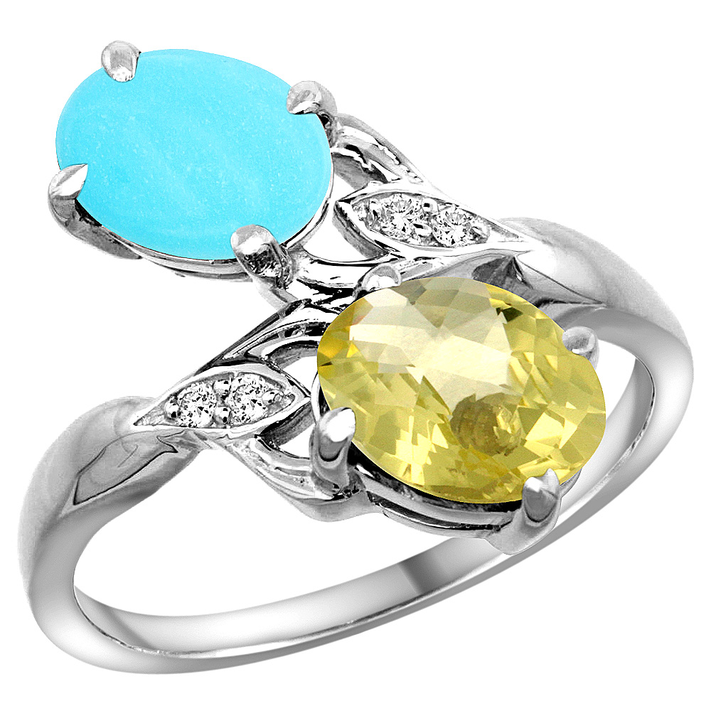 10K WHITE GOLD DIAMOND NATURAL TURQUOISE & LEMON QUARTZ 2-STONE RING OVAL 8X6MM, SIZES 5 - 10