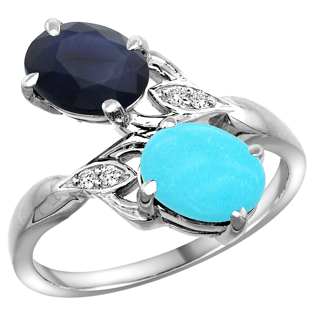 10K WHITE GOLD DIAMOND NATURAL TURQUOISE & AUSTRALIAN SAPPHIRE 2-STONE RING OVAL 8X6MM, SIZES 5 - 10