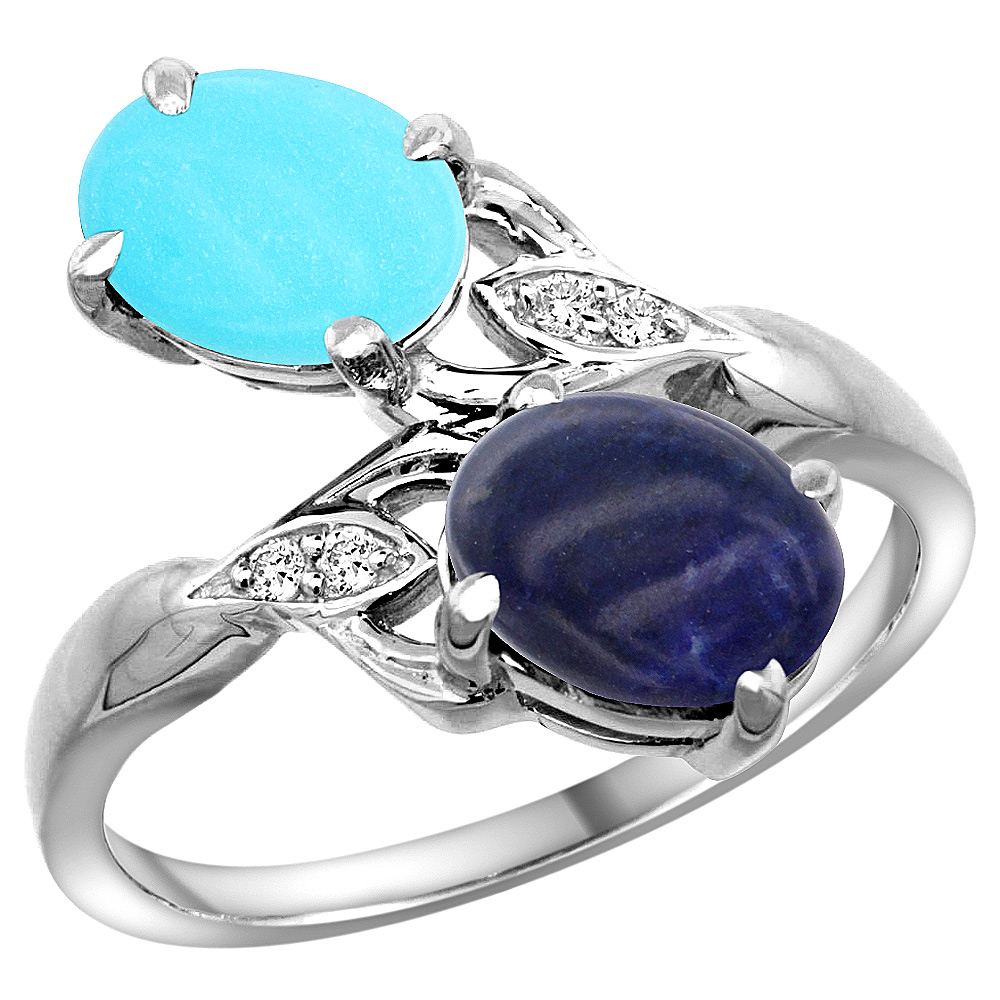 10K WHITE GOLD DIAMOND NATURAL TURQUOISE & LAPIS 2-STONE RING OVAL 8X6MM, SIZES 5 - 10