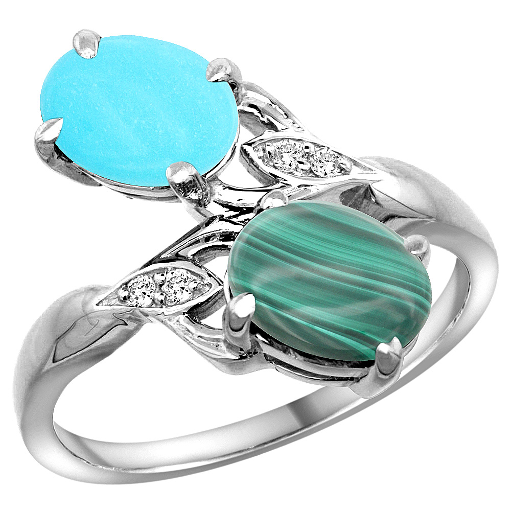 10K WHITE GOLD DIAMOND NATURAL TURQUOISE & MALACHITE 2-STONE RING OVAL 8X6MM, SIZES 5 - 10