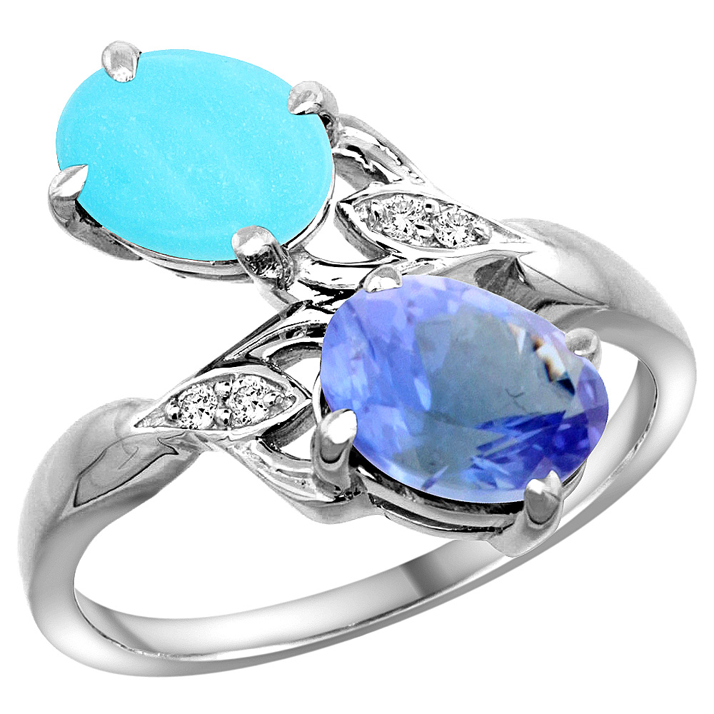 10K WHITE GOLD DIAMOND NATURAL TURQUOISE & TANZANITE 2-STONE RING OVAL 8X6MM, SIZES 5 - 10