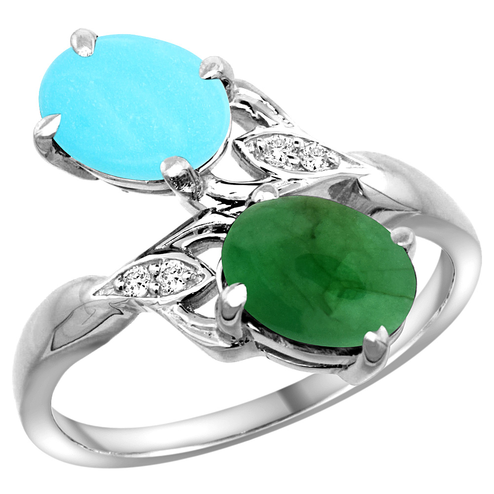 10K WHITE GOLD DIAMOND NATURAL TURQUOISE & CABOCHON EMERALD 2-STONE RING OVAL 8X6MM, SIZES 5 - 10