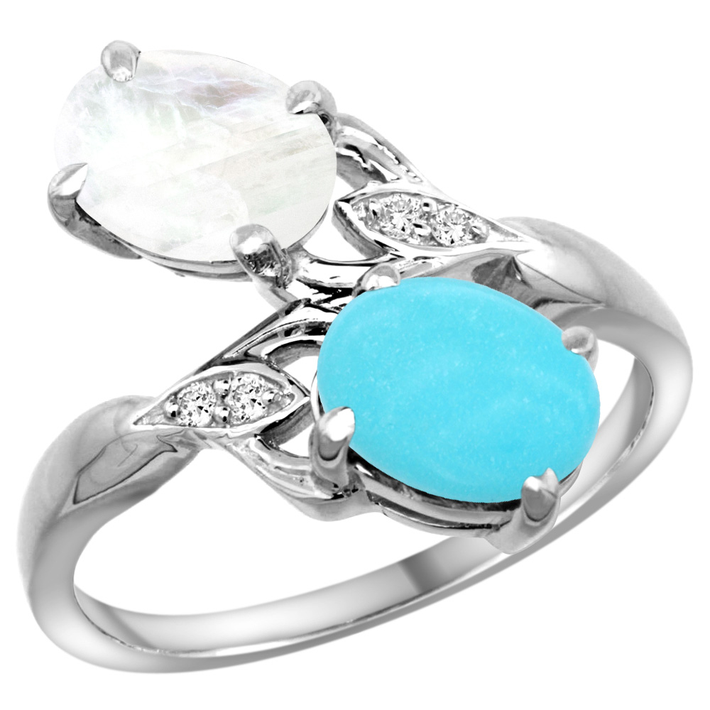 10K White Gold Diamond Natural Turquoise & Rainbow Moonstone 2-stone Ring Oval 8x6mm, sizes 5 - 10