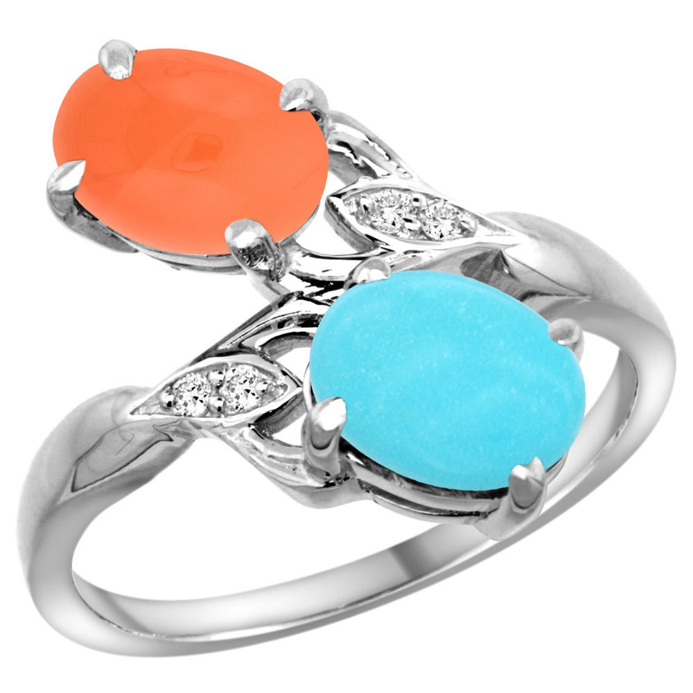 10K WHITE GOLD DIAMOND NATURAL TURQUOISE & ORANGE MOONSTONE 2-STONE RING OVAL 8X6MM, SIZES 5 - 10