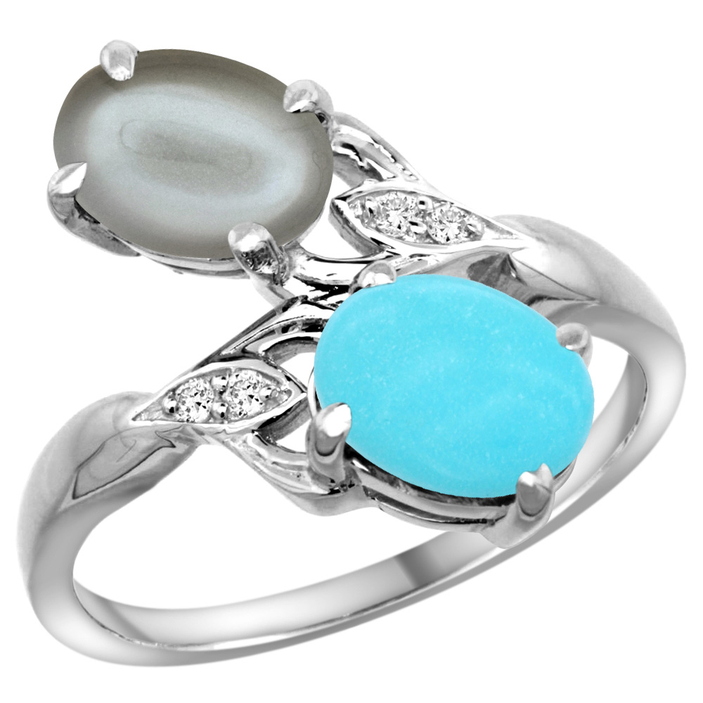 10K WHITE GOLD DIAMOND NATURAL TURQUOISE & GRAY MOONSTONE 2-STONE RING OVAL 8X6MM, SIZES 5 - 10