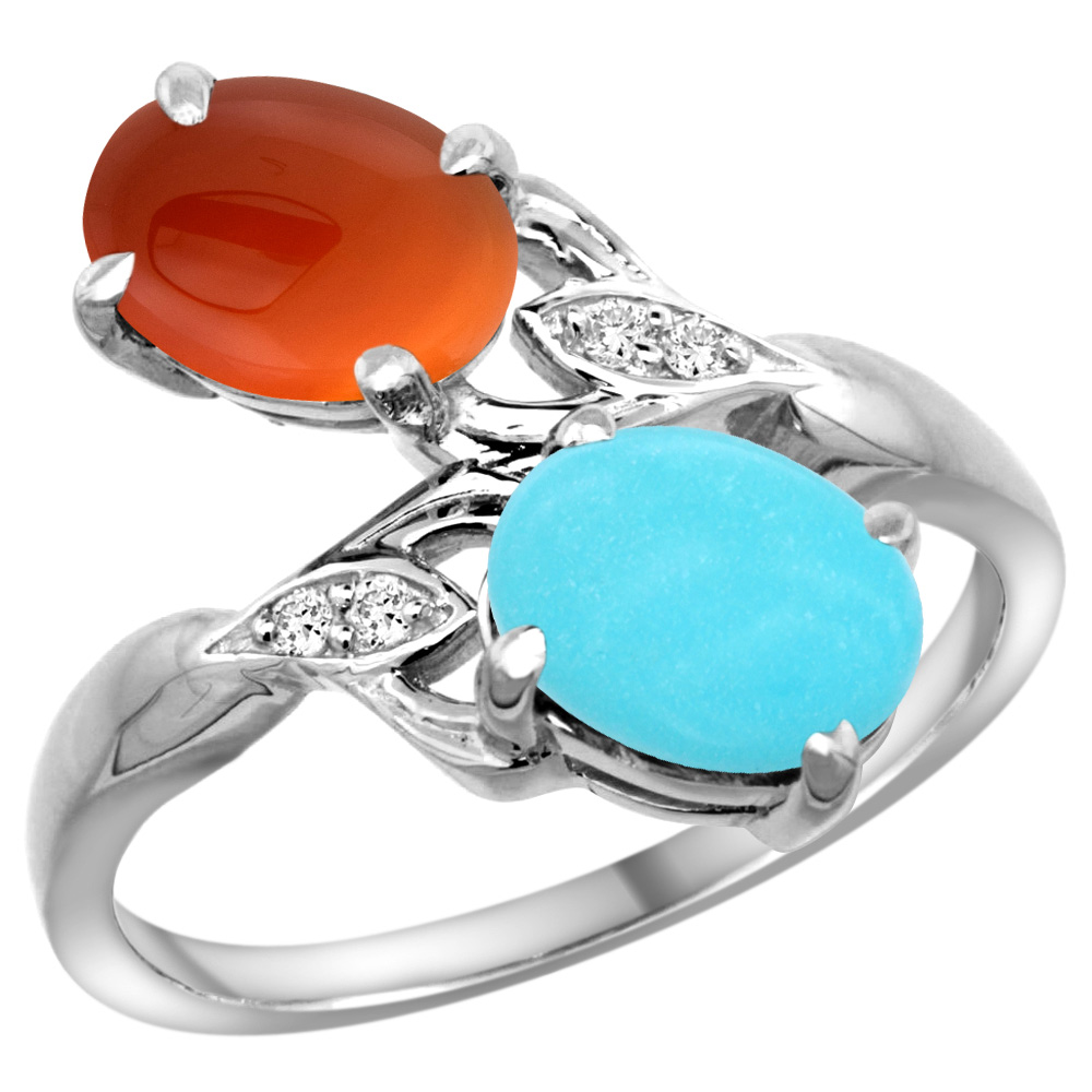 10K WHITE GOLD DIAMOND NATURAL TURQUOISE & BROWN AGATE 2-STONE RING OVAL 8X6MM, SIZES 5 - 10