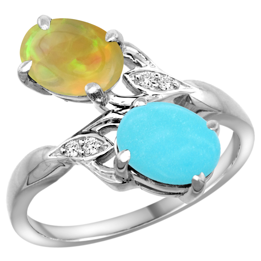 10K WHITE GOLD DIAMOND NATURAL TURQUOISE & ETHIOPIAN OPAL 2-STONE MOTHERS RING OVAL 8X6MM, SIZE 5 - 10