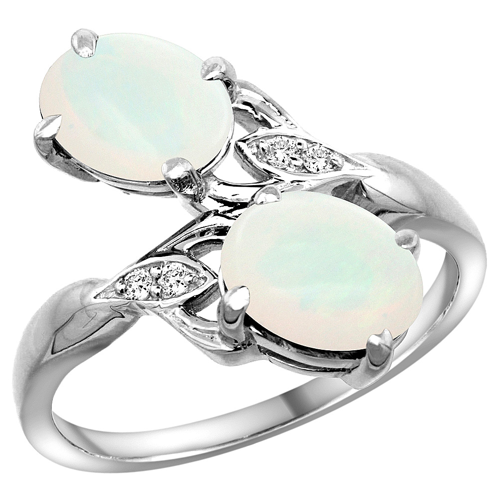 10K White Gold Diamond Natural Opal 2-stone Ring Oval 8x6mm, sizes 5 - 10