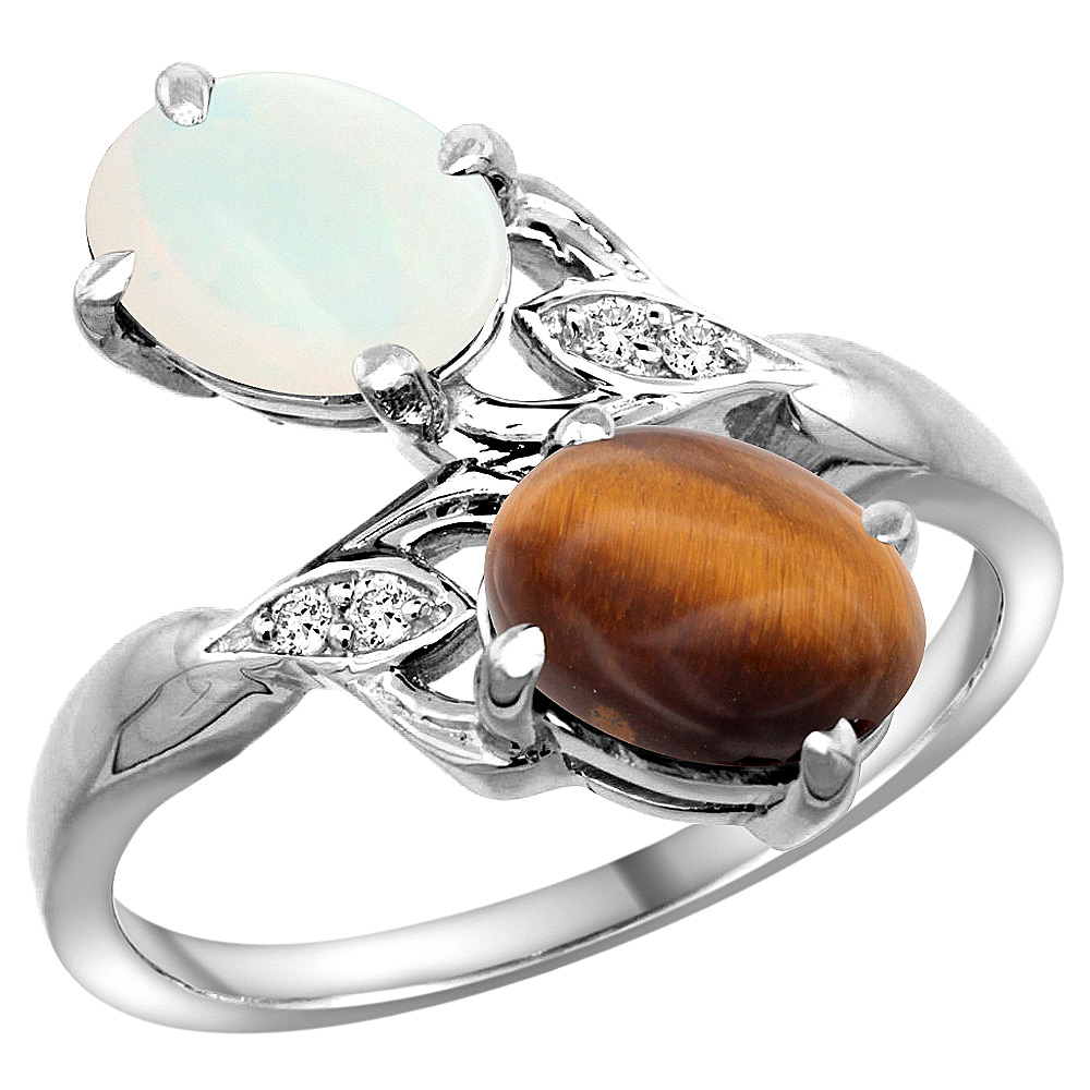 10K White Gold Diamond Natural Opal & Tiger Eye 2-stone Ring Oval 8x6mm, sizes 5 - 10