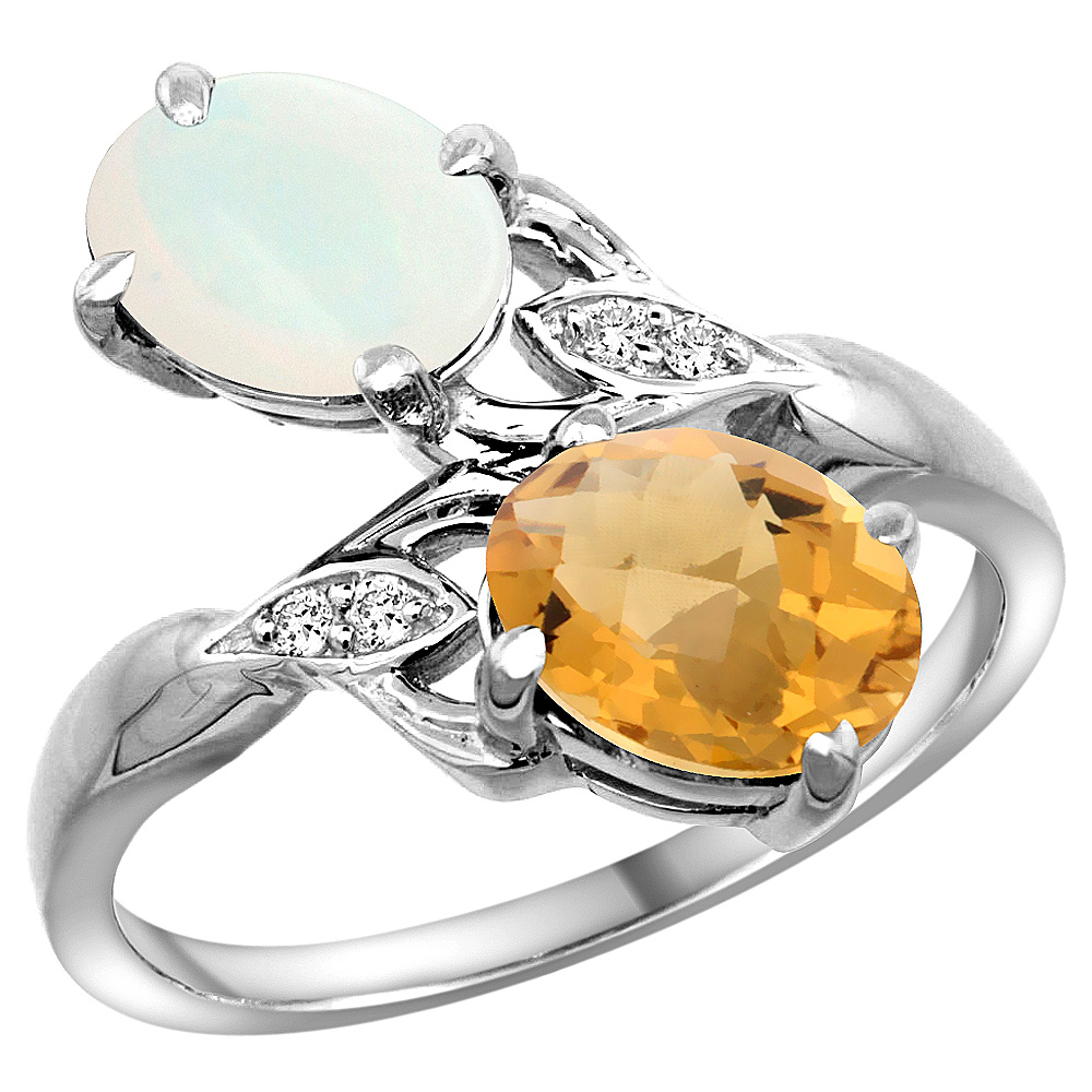 10K WHITE GOLD DIAMOND NATURAL OPAL & WHISKY QUARTZ 2-STONE RING OVAL 8X6MM, SIZES 5 - 10