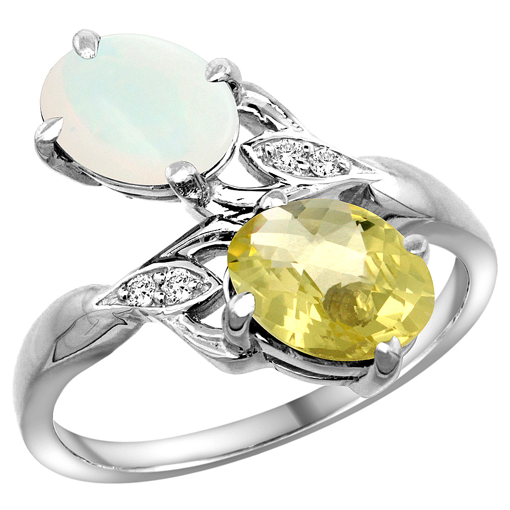 10K WHITE GOLD DIAMOND NATURAL OPAL & LEMON QUARTZ 2-STONE RING OVAL 8X6MM, SIZES 5 - 10