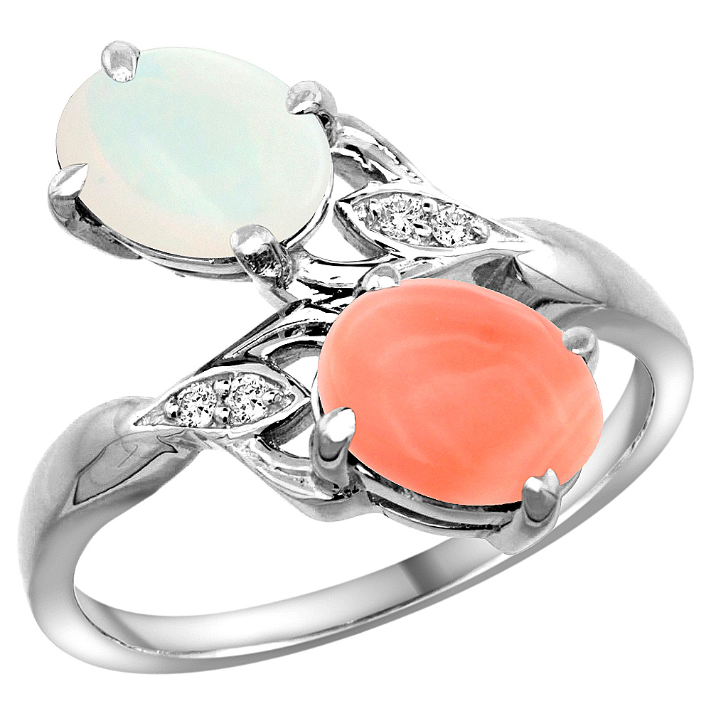 10K WHITE GOLD DIAMOND NATURAL OPAL & CORAL 2-STONE RING OVAL 8X6MM, SIZES 5 - 10