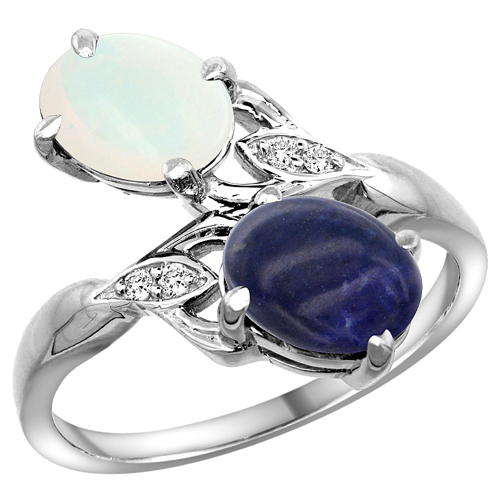 10K WHITE GOLD DIAMOND NATURAL OPAL & LAPIS 2-STONE RING OVAL 8X6MM, SIZES 5 - 10