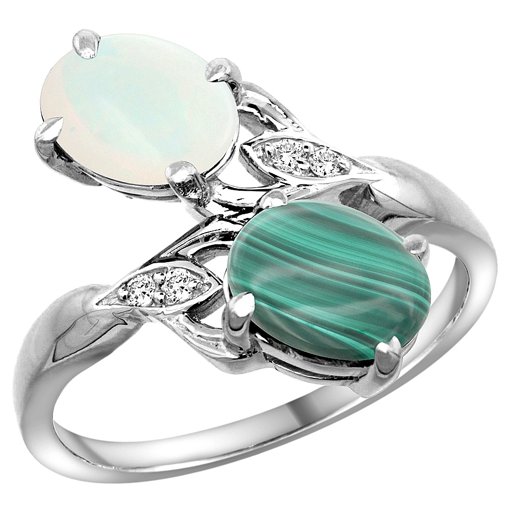 10K WHITE GOLD DIAMOND NATURAL OPAL & MALACHITE 2-STONE RING OVAL 8X6MM, SIZES 5 - 10