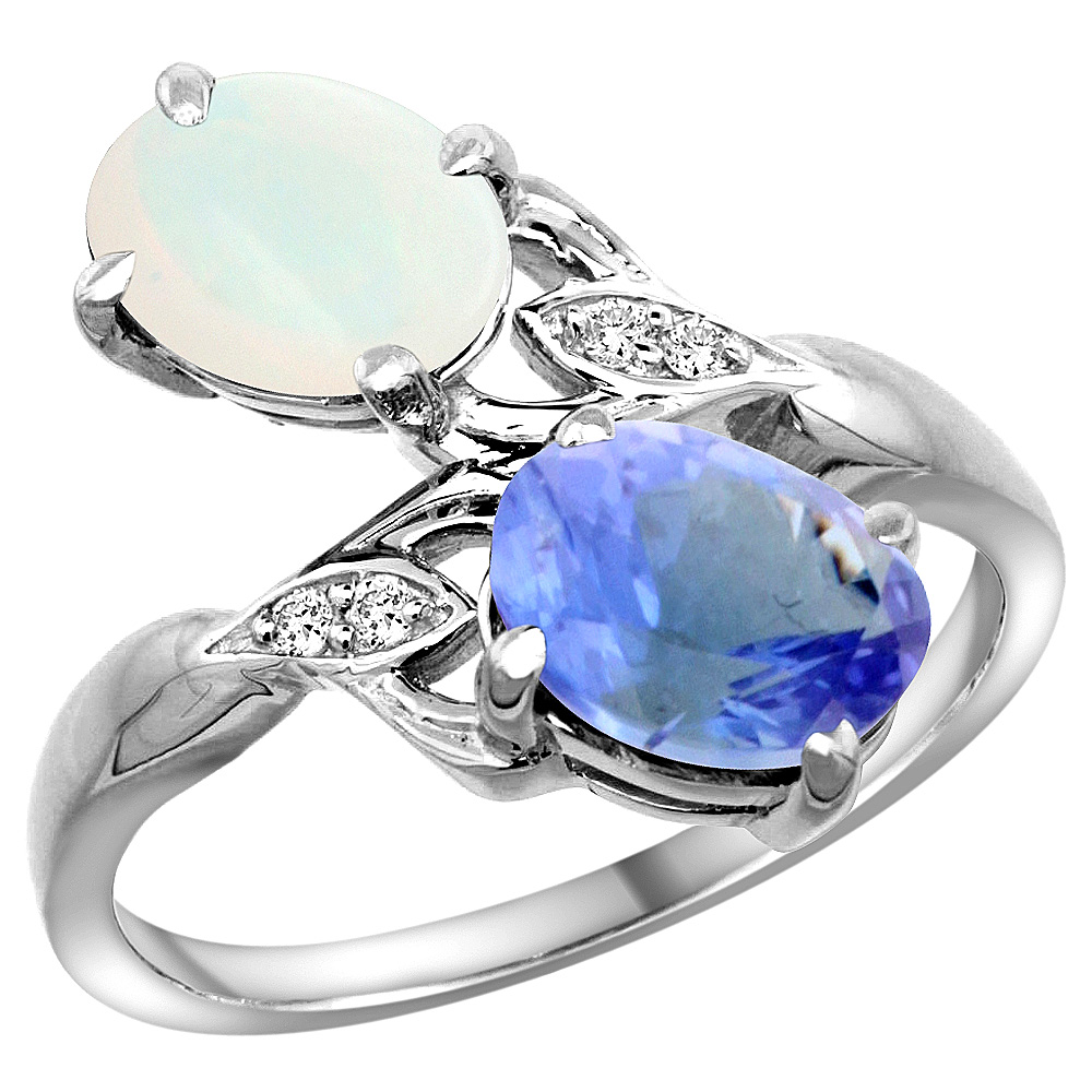 10K WHITE GOLD DIAMOND NATURAL OPAL & TANZANITE 2-STONE RING OVAL 8X6MM, SIZES 5 - 10