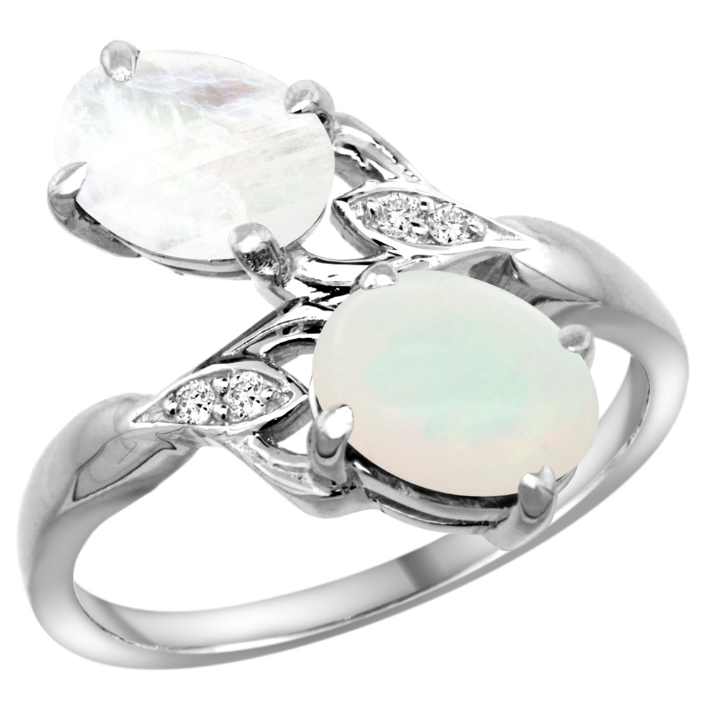 10K WHITE GOLD DIAMOND NATURAL WHITE OPAL & RAINBOW MOONSTONE 2-STONE RING OVAL 8X6MM, SIZES 5 - 10