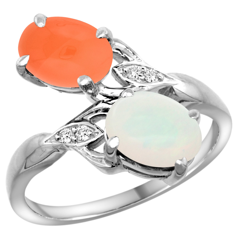 10K WHITE GOLD DIAMOND NATURAL WHITE OPAL & ORANGE MOONSTONE 2-STONE RING OVAL 8X6MM, SIZES 5 - 10