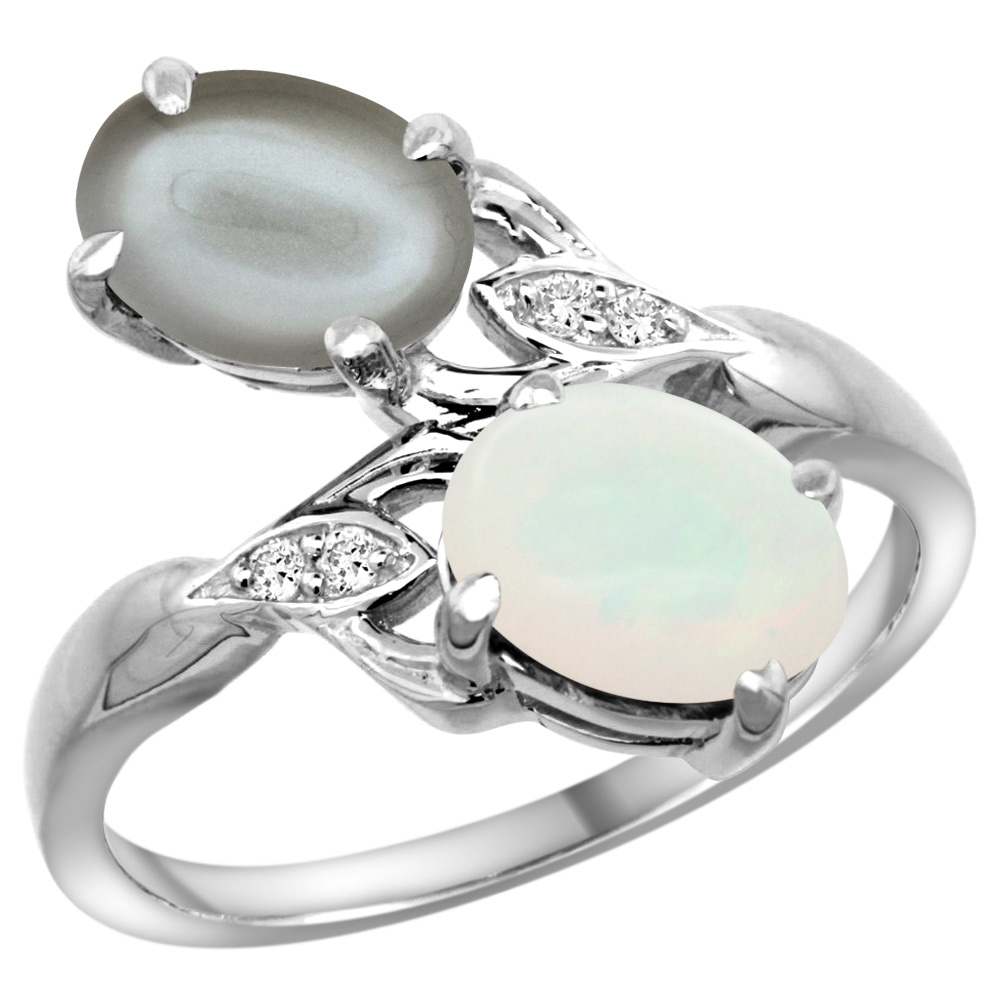 10K WHITE GOLD DIAMOND NATURAL WHITE OPAL & GRAY MOONSTONE 2-STONE RING OVAL 8X6MM, SIZES 5 - 10