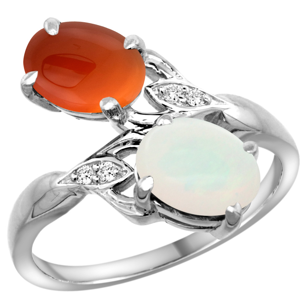 10K WHITE GOLD DIAMOND NATURAL WHITE OPAL & BROWN AGATE 2-STONE RING OVAL 8X6MM, SIZES 5 - 10