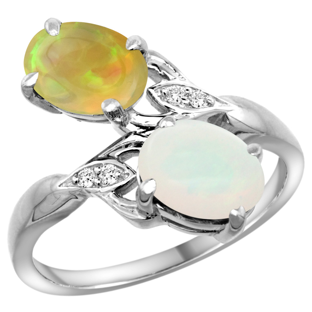 10K WHITE GOLD DIAMOND NATURAL WHITE OPAL & ETHIOPIAN OPAL 2-STONE MOTHERS RING OVAL 8X6MM, SIZE 5 - 10