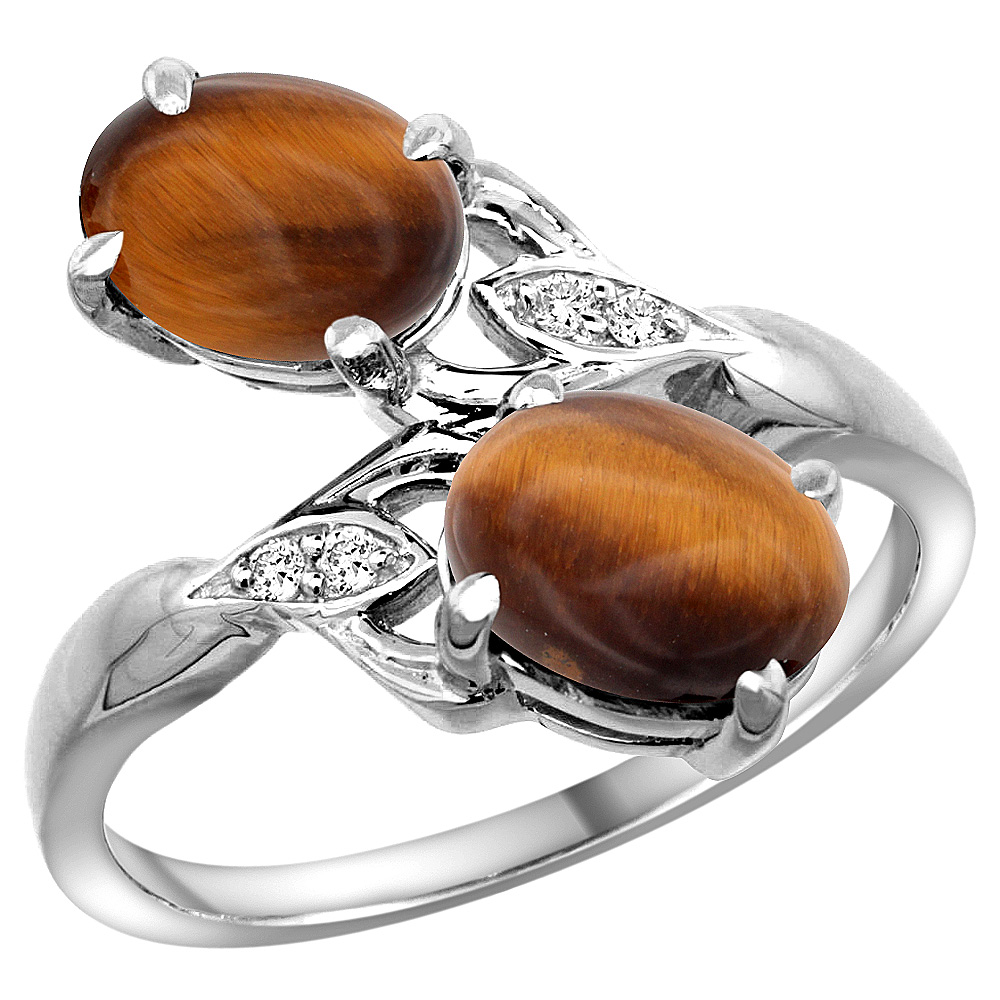 10K WHITE GOLD DIAMOND NATURAL TIGER EYE 2-STONE RING OVAL 8X6MM, SIZES 5 - 10