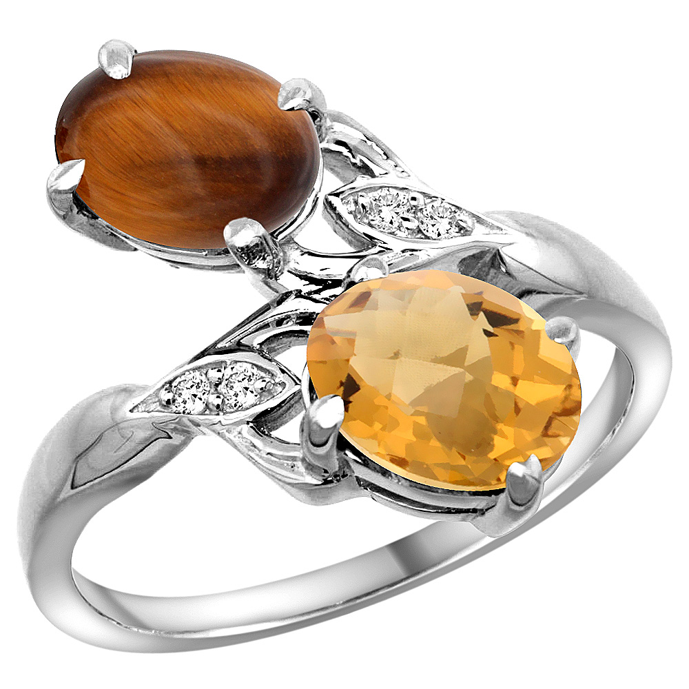 10K WHITE GOLD DIAMOND NATURAL TIGER EYE & WHISKY QUARTZ 2-STONE RING OVAL 8X6MM, SIZES 5 - 10