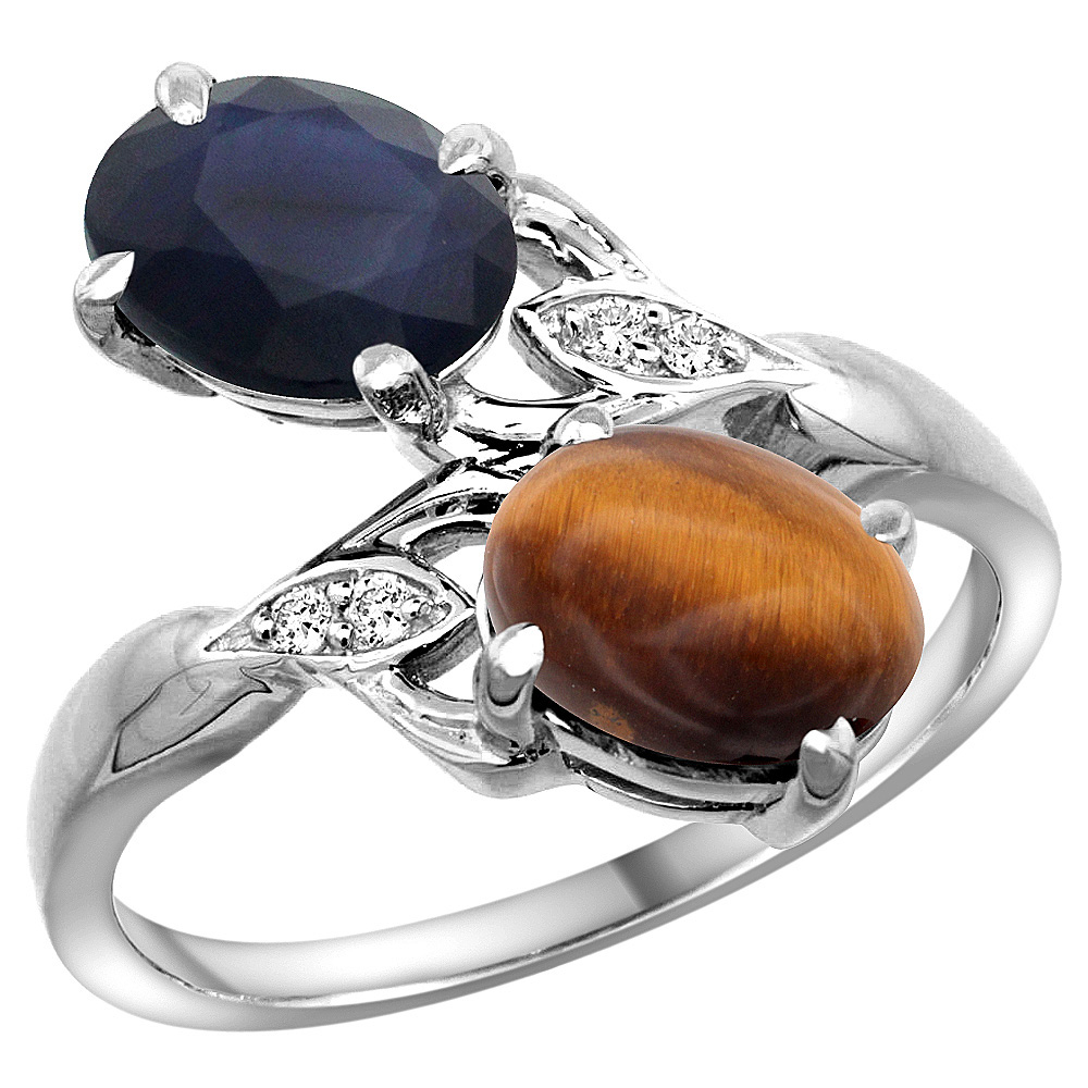 10K WHITE GOLD DIAMOND NATURAL TIGER EYE & AUSTRALIAN SAPPHIRE 2-STONE RING OVAL 8X6MM, SIZES 5 - 10