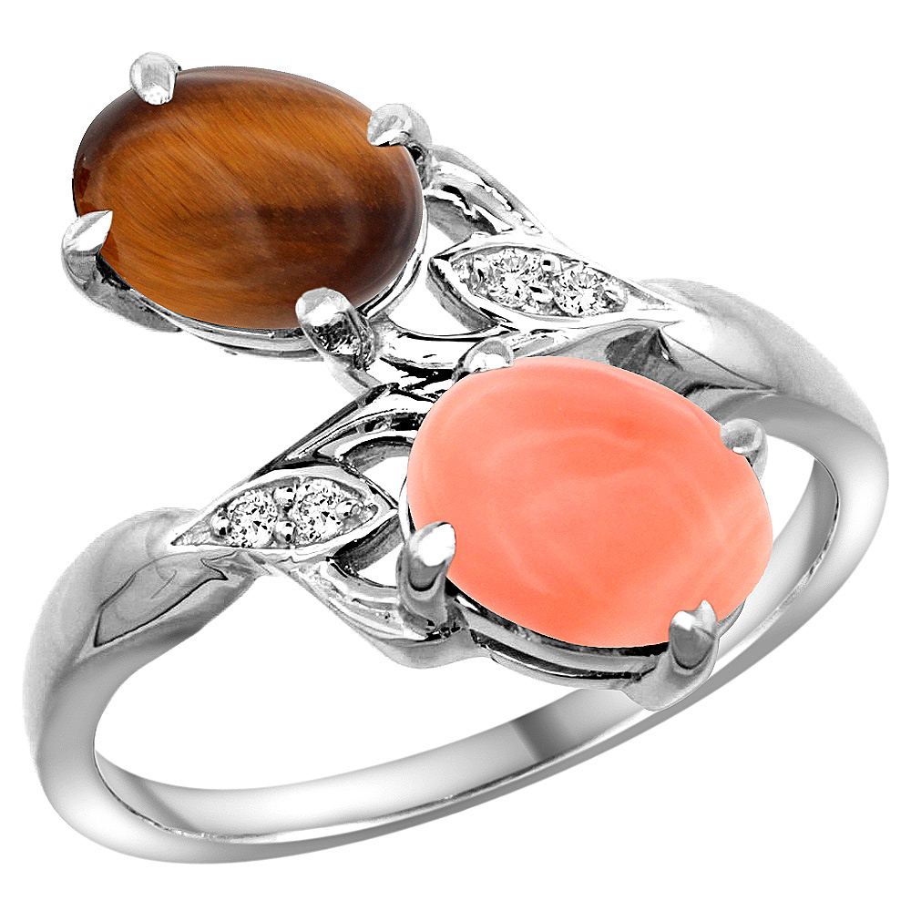 10K WHITE GOLD DIAMOND NATURAL TIGER EYE & CORAL 2-STONE RING OVAL 8X6MM, SIZES 5 - 10