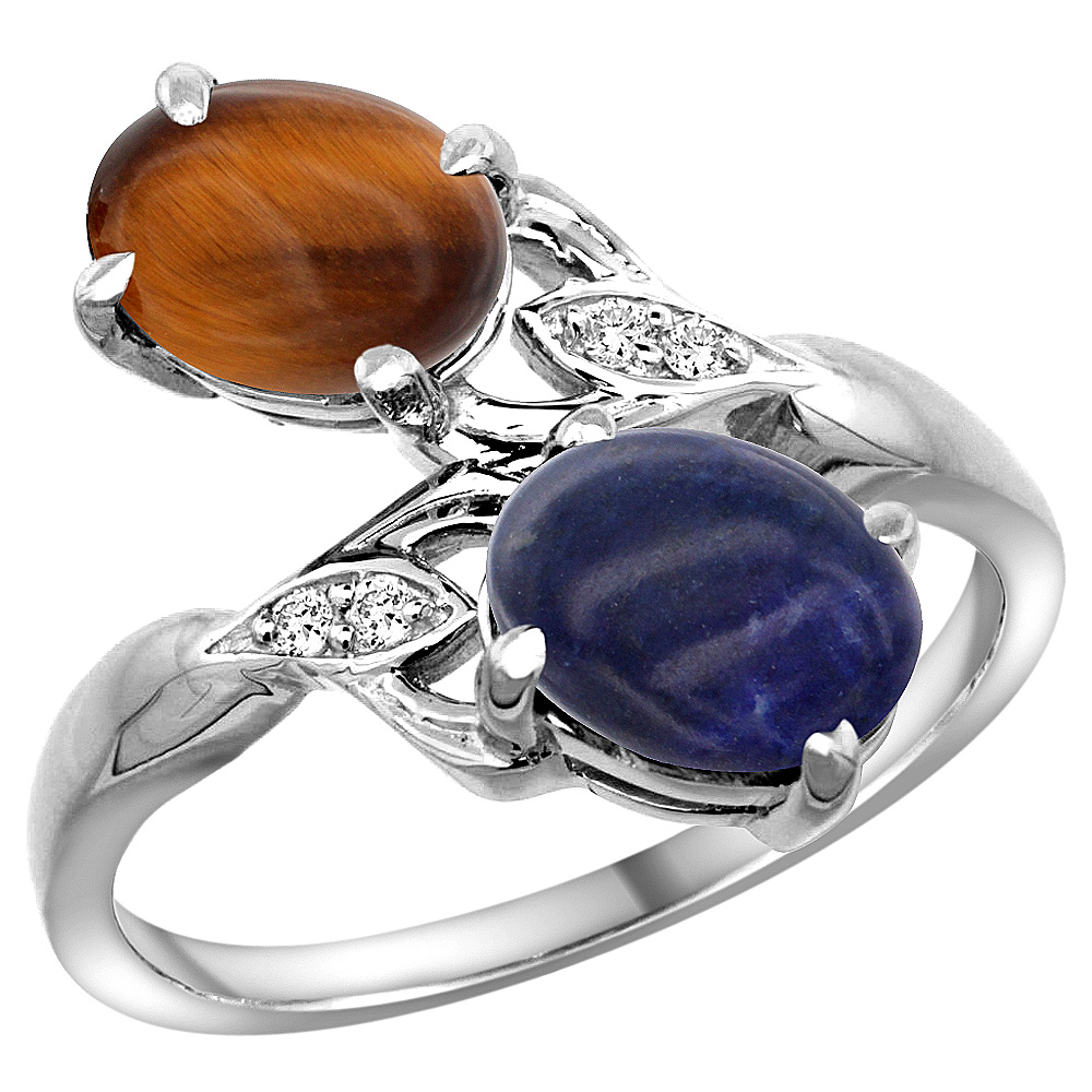 10K WHITE GOLD DIAMOND NATURAL TIGER EYE & LAPIS 2-STONE RING OVAL 8X6MM, SIZES 5 - 10